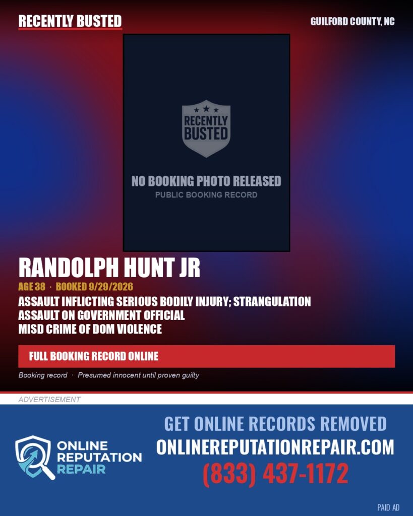 RANDOLPH HUNT JR — arrest record card, Guilford County, North Carolina