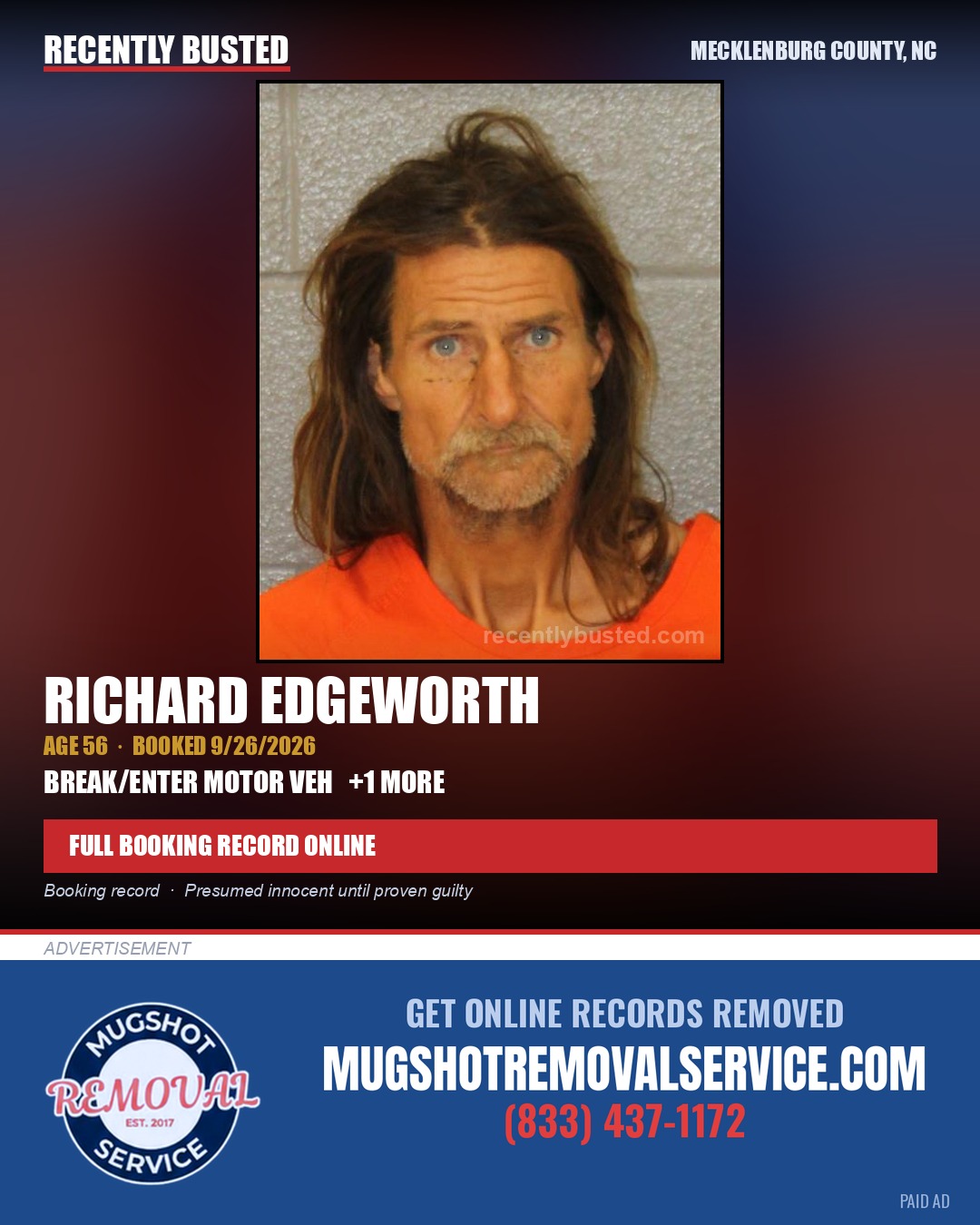 RICHARD EDGEWORTH — arrest record card, Mecklenburg County, North Carolina