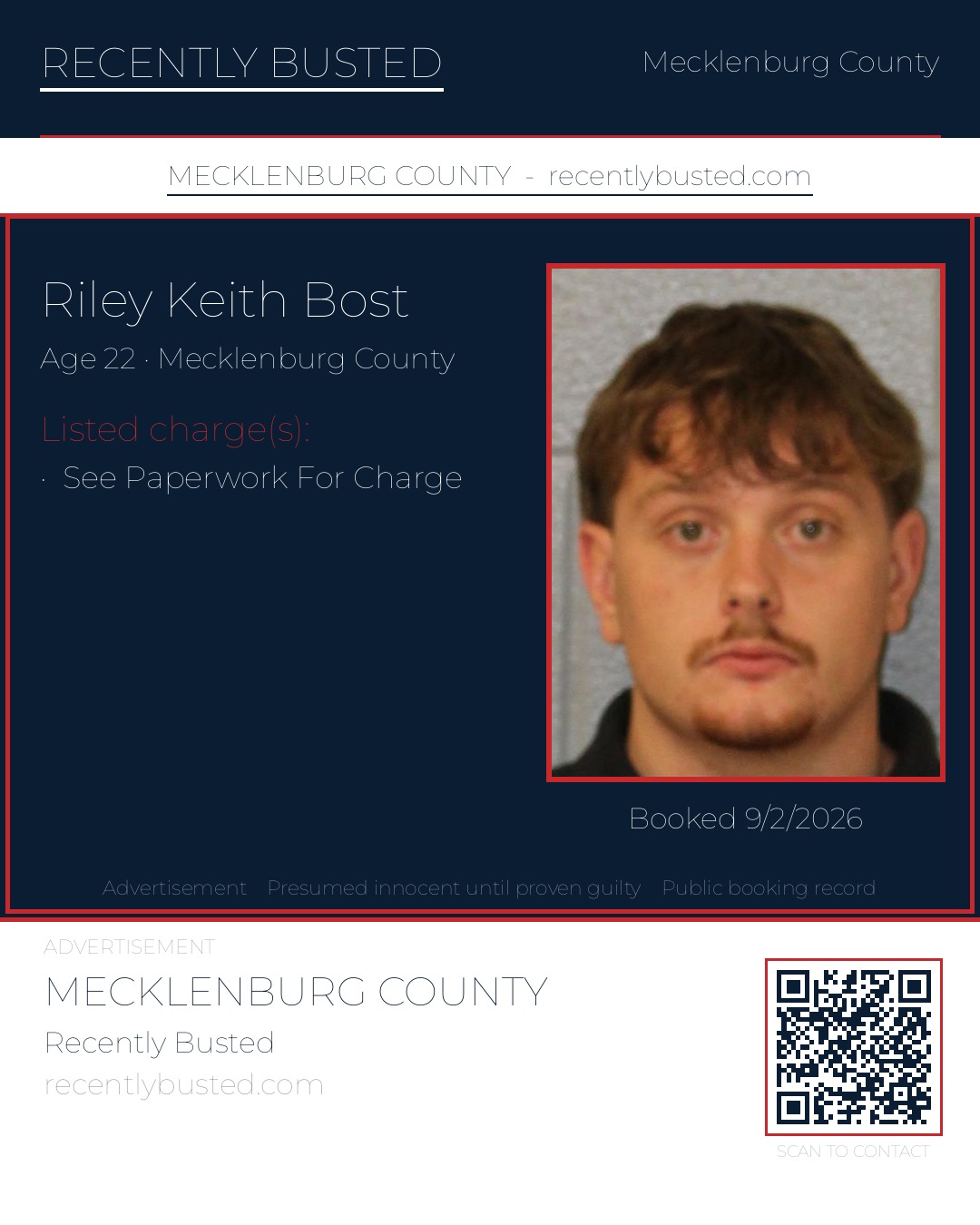 RILEY KEITH BOST — arrest record card, Mecklenburg County, North Carolina