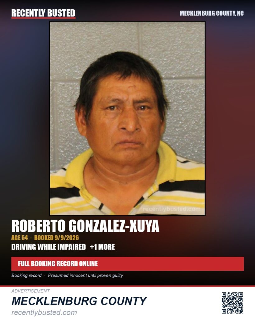 ROBERTO GONZALEZ-XUYA — arrest record card, Mecklenburg County, North Carolina