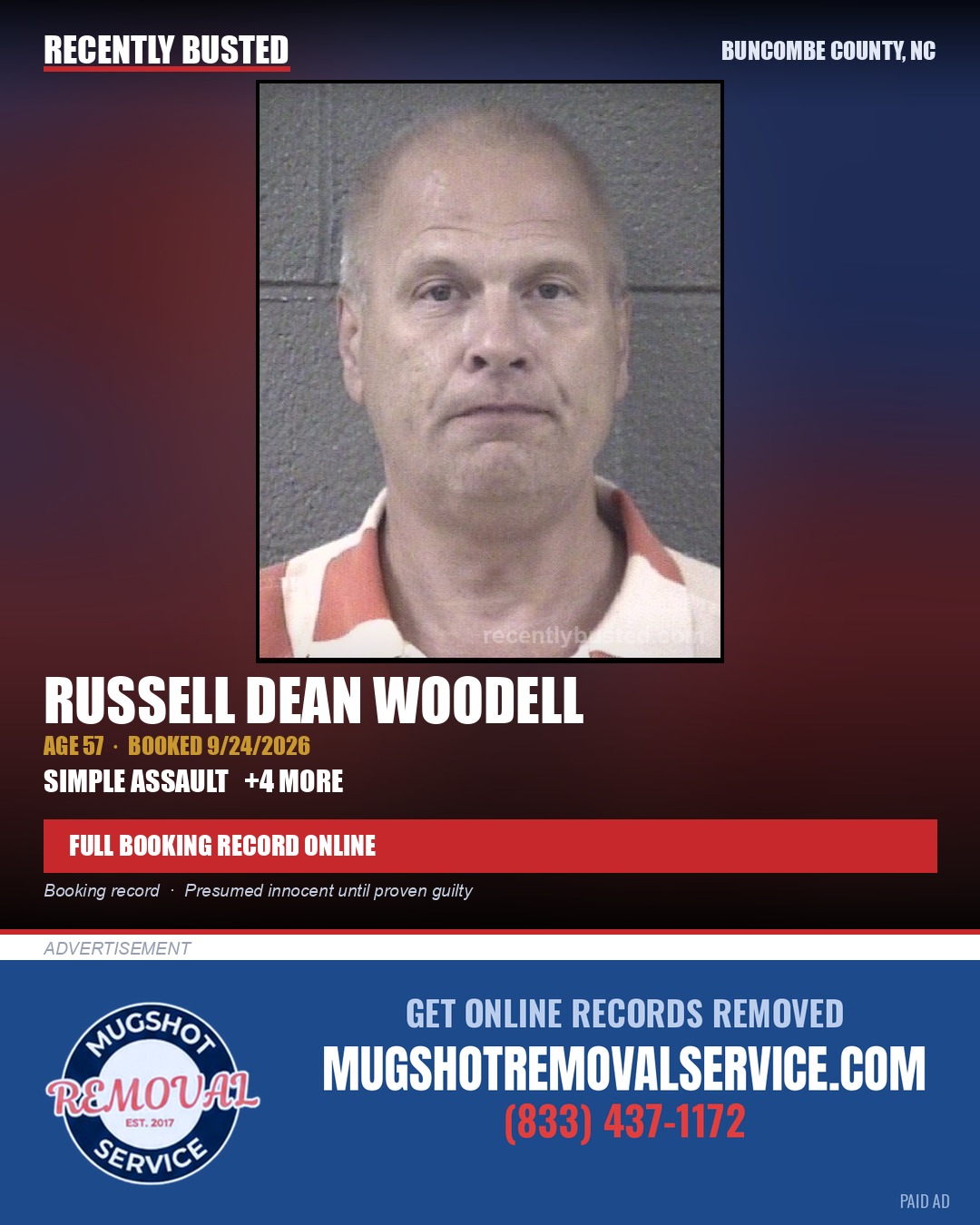 RUSSELL DEAN WOODELL — arrest record card, Buncombe County, North Carolina