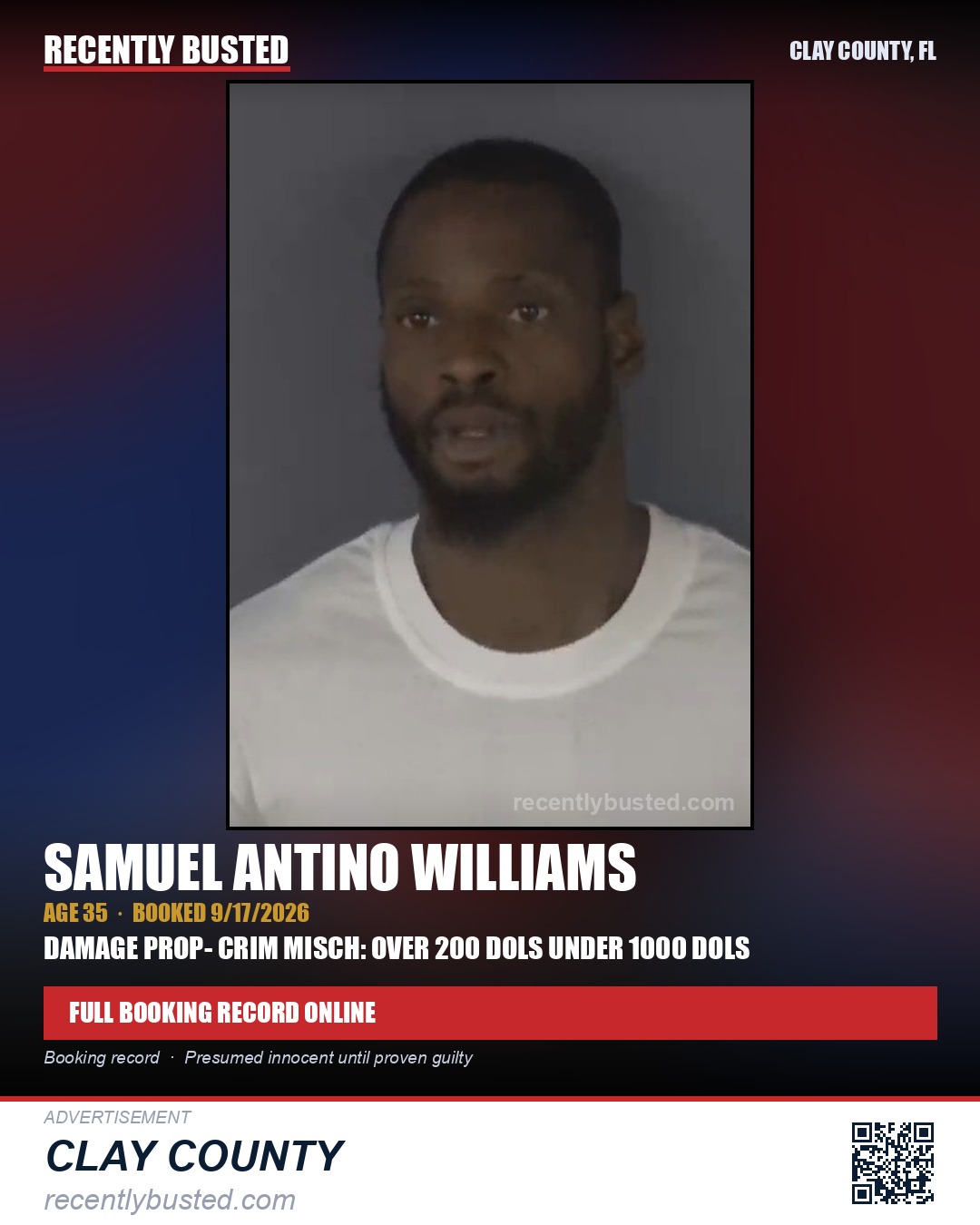 SAMUEL ANTINO WILLIAMS — arrest record card, Clay County, Florida