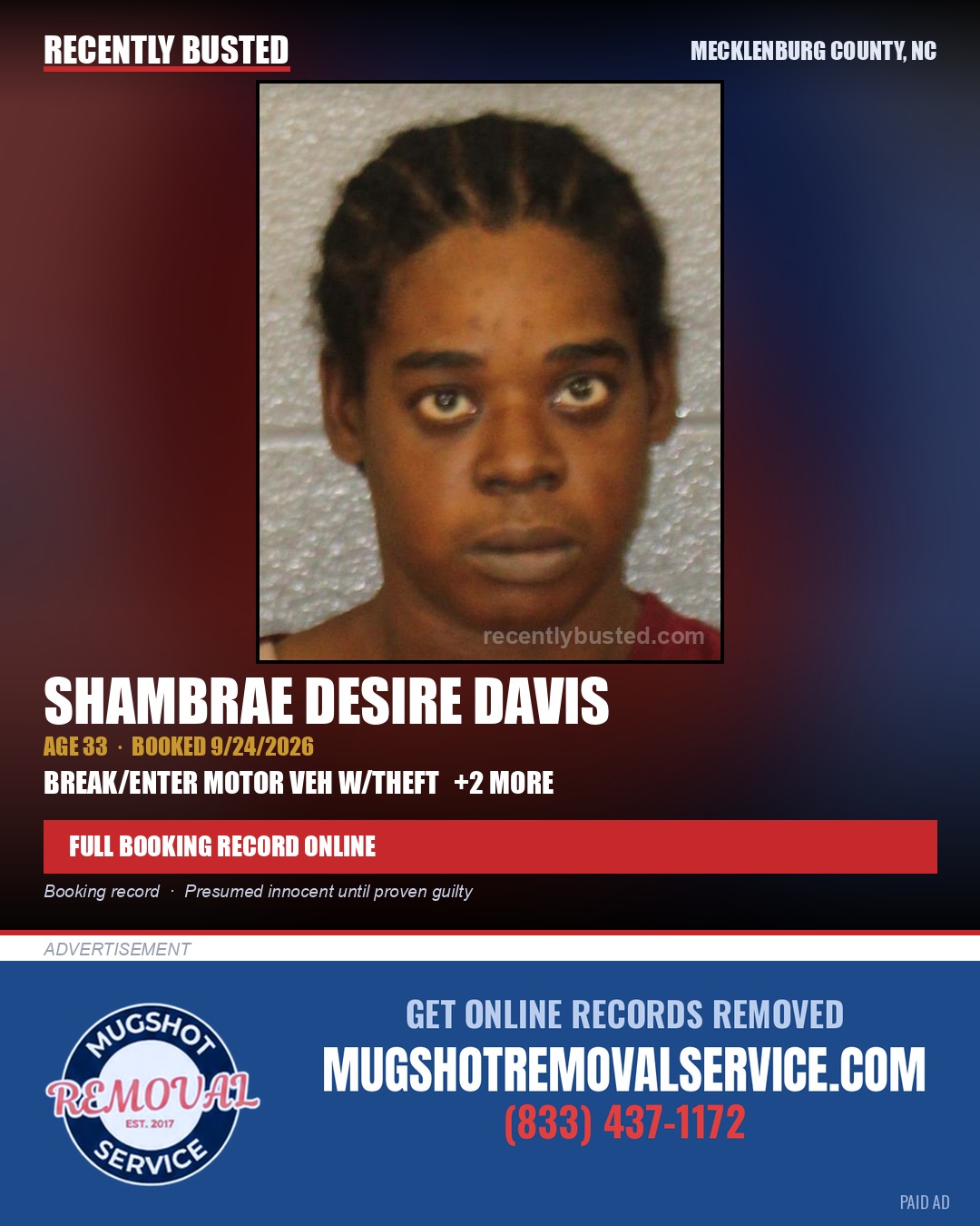 SHAMBRAE DESIRE DAVIS — arrest record card, Mecklenburg County, North Carolina