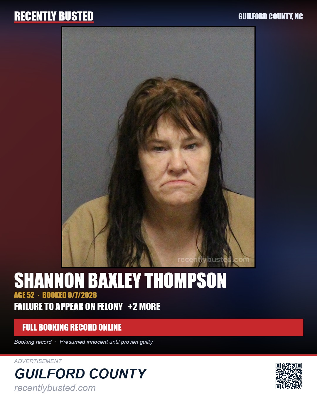 SHANNON BAXLEY THOMPSON — arrest record card, Guilford County, North Carolina