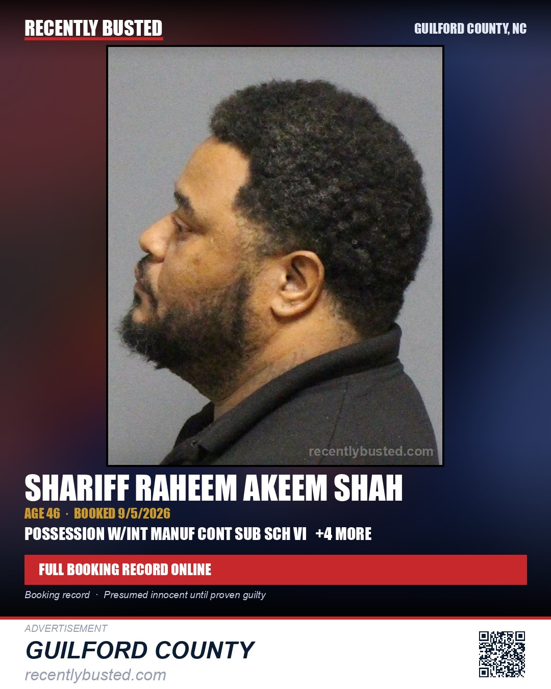 SHARIFF RAHEEM AKEEM SHAH — arrest record card, Guilford County, North Carolina
