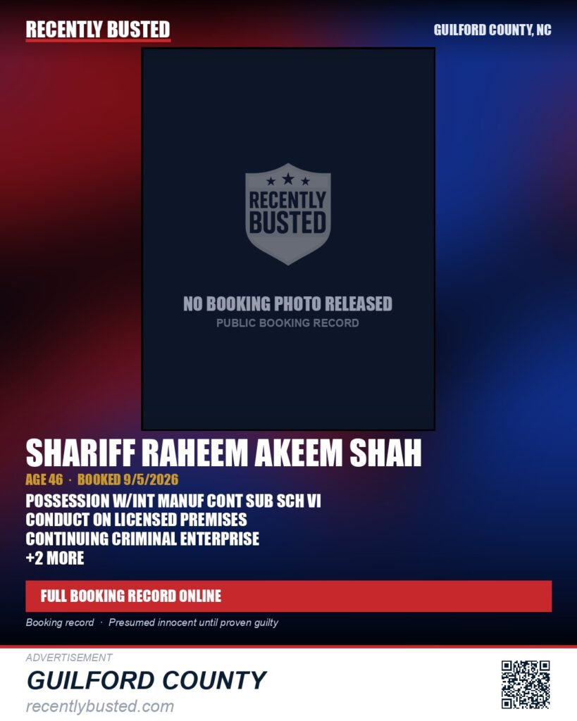 SHARIFF RAHEEM AKEEM SHAH — arrest record card, Guilford County, North Carolina