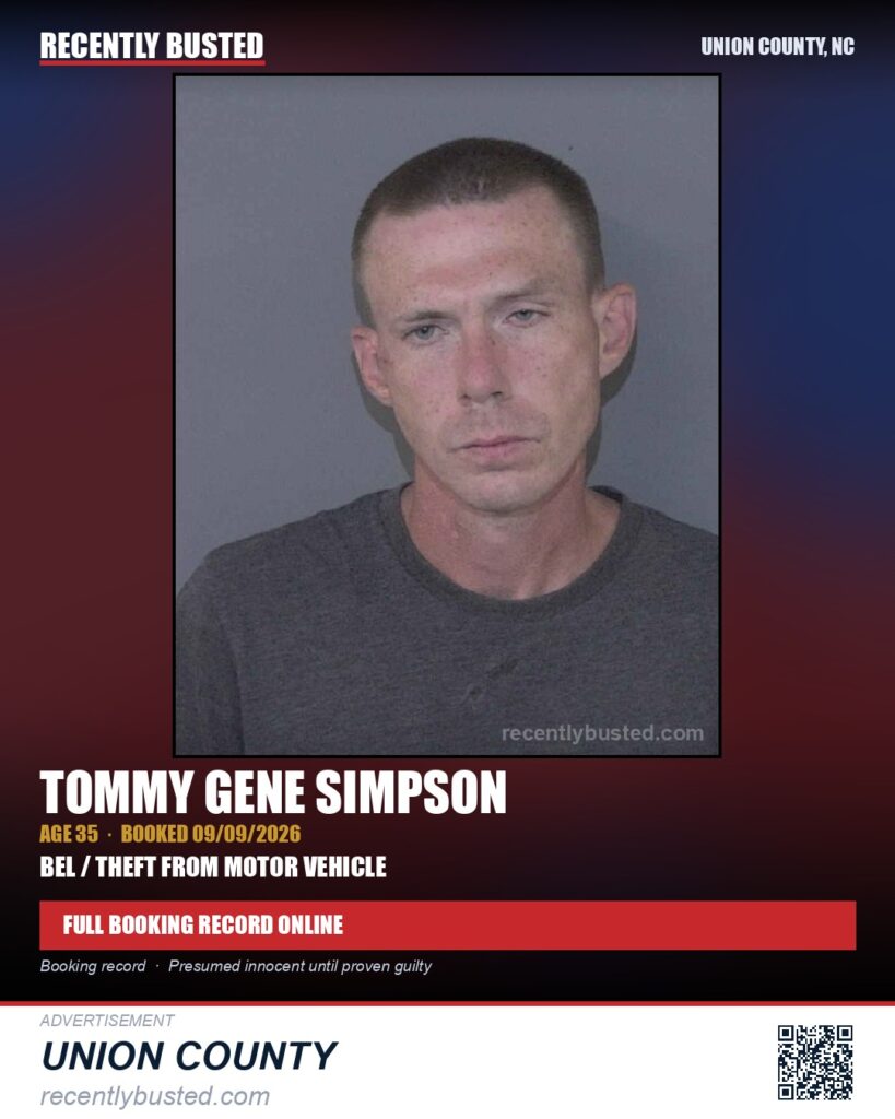 SIMPSON, TOMMY GENE — arrest record card, Union County, North Carolina