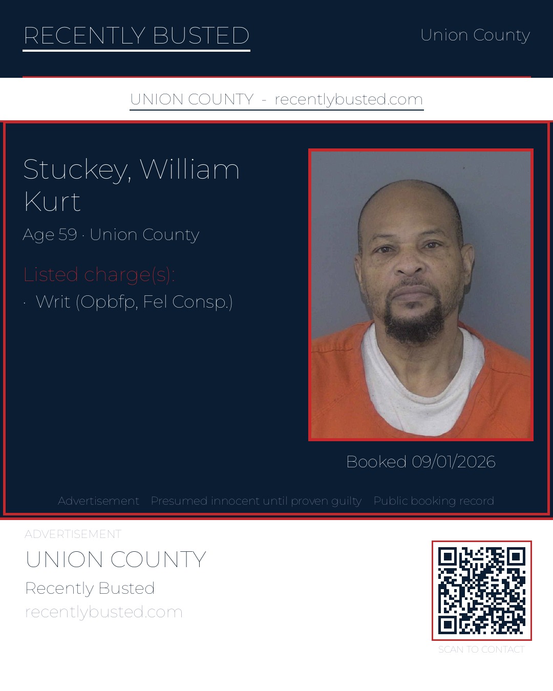 STUCKEY, WILLIAM KURT — arrest record card, Union County, North Carolina