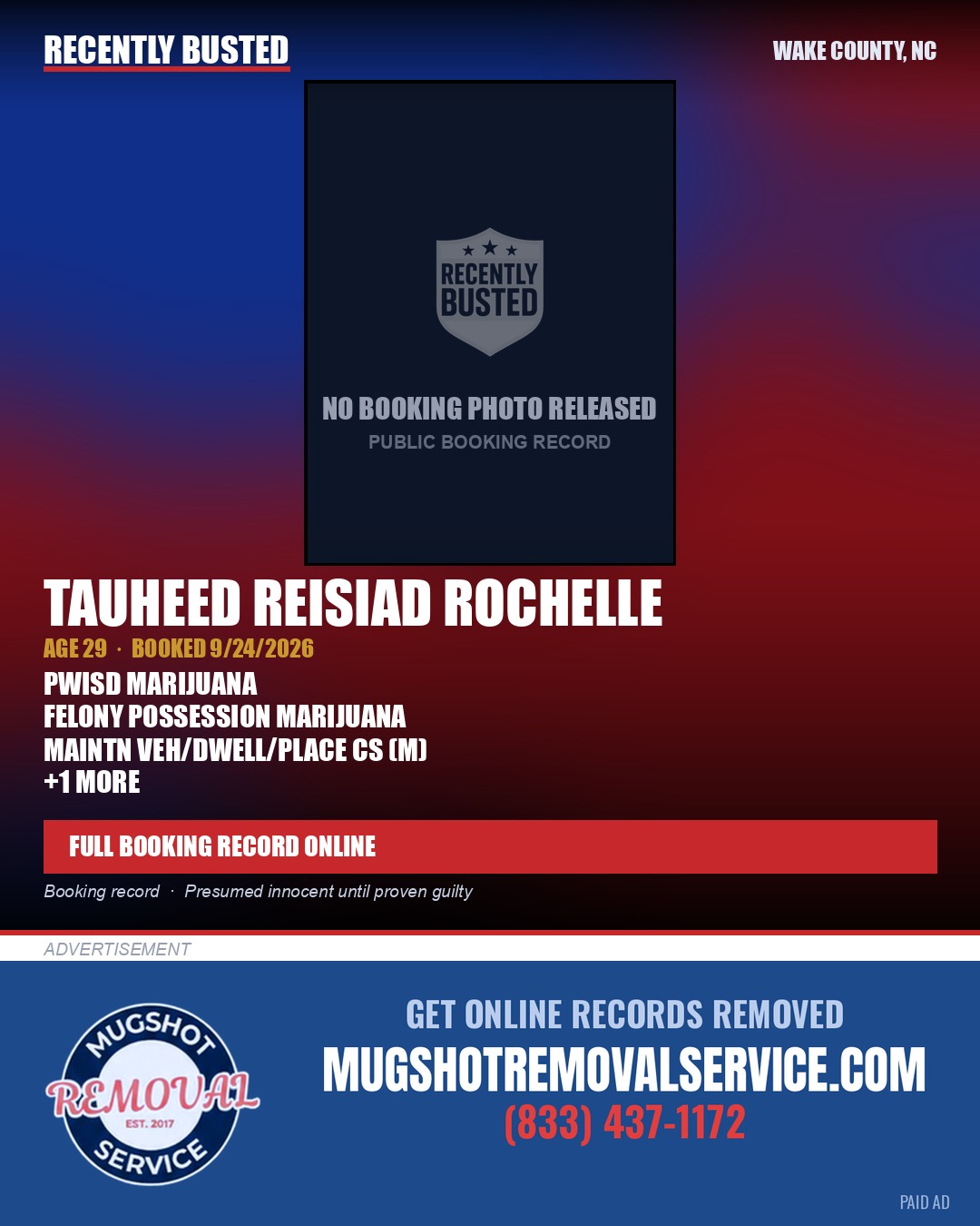 TAUHEED REISIAD ROCHELLE — arrest record card, Wake County, North Carolina