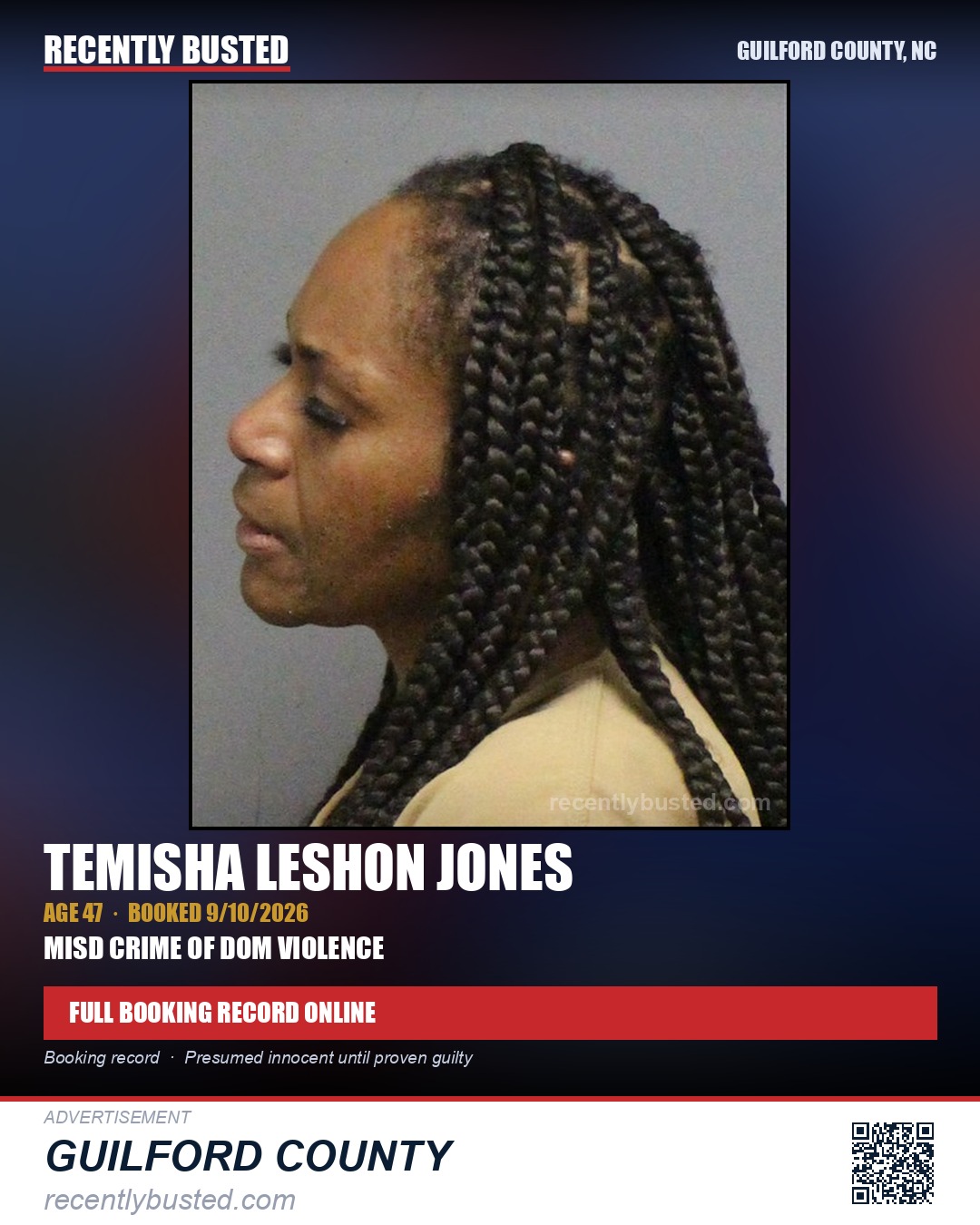 TEMISHA LESHON JONES — arrest record card, Guilford County, North Carolina