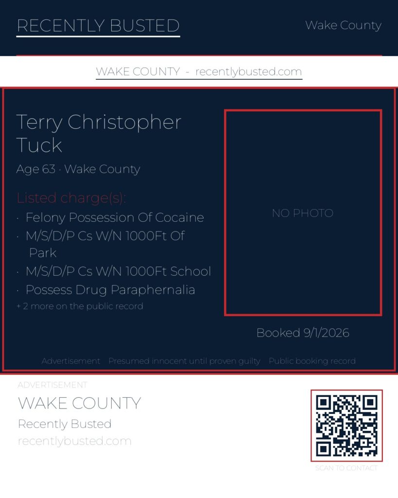 TERRY CHRISTOPHER TUCK — arrest record card, Wake County, North Carolina