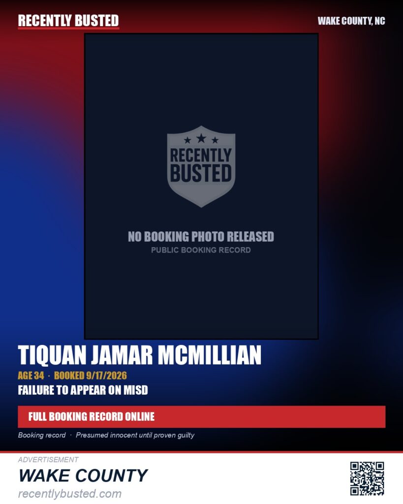 TIQUAN JAMAR MCMILLIAN — arrest record card, Wake County, North Carolina