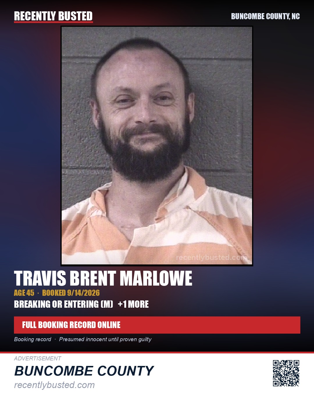 TRAVIS BRENT MARLOWE — arrest record card, Buncombe County, North Carolina