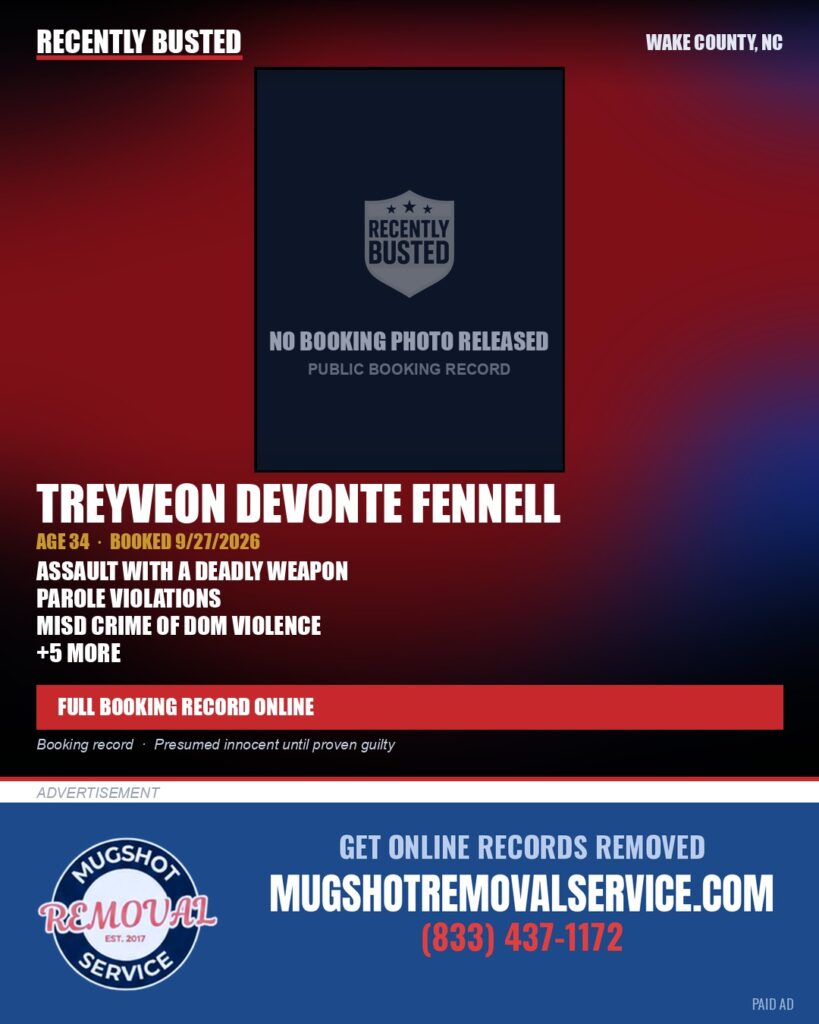 TREYVEON DEVONTE FENNELL — arrest record card, Wake County, North Carolina