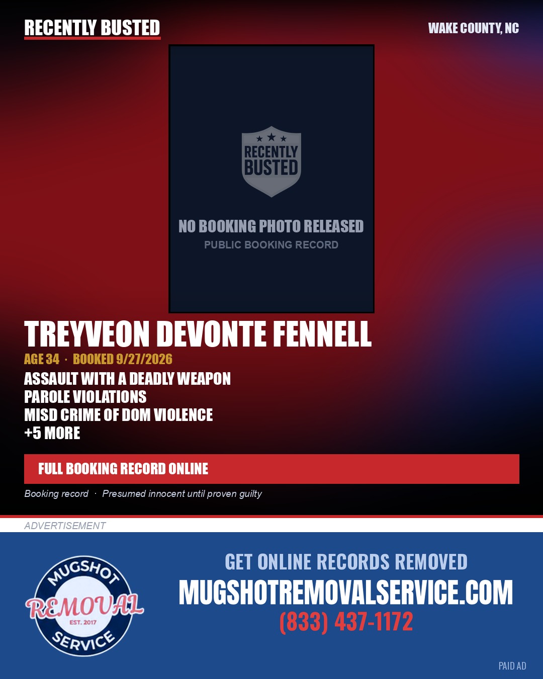 TREYVEON DEVONTE FENNELL — arrest record card, Wake County, North Carolina