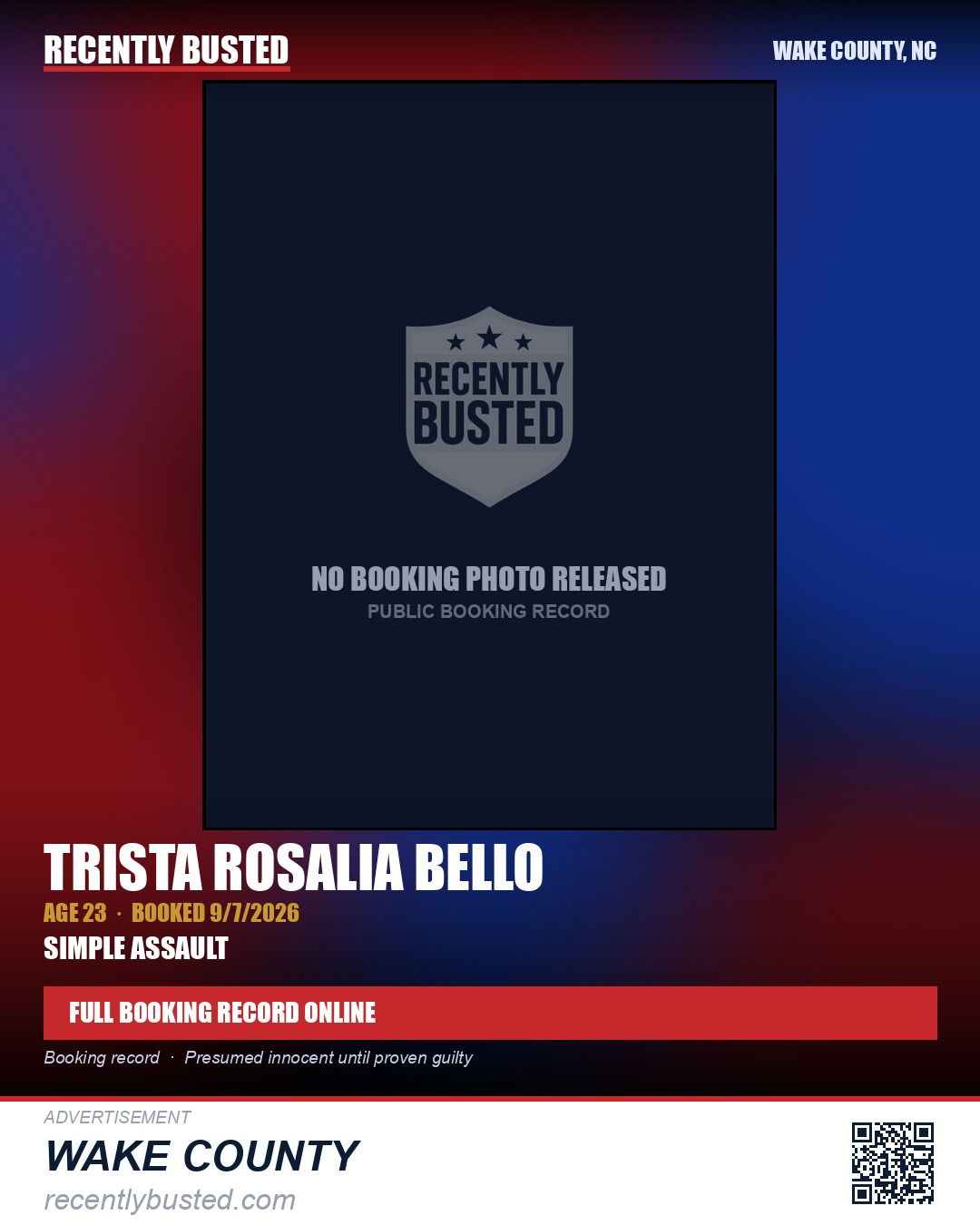 TRISTA ROSALIA BELLO — arrest record card, Wake County, North Carolina