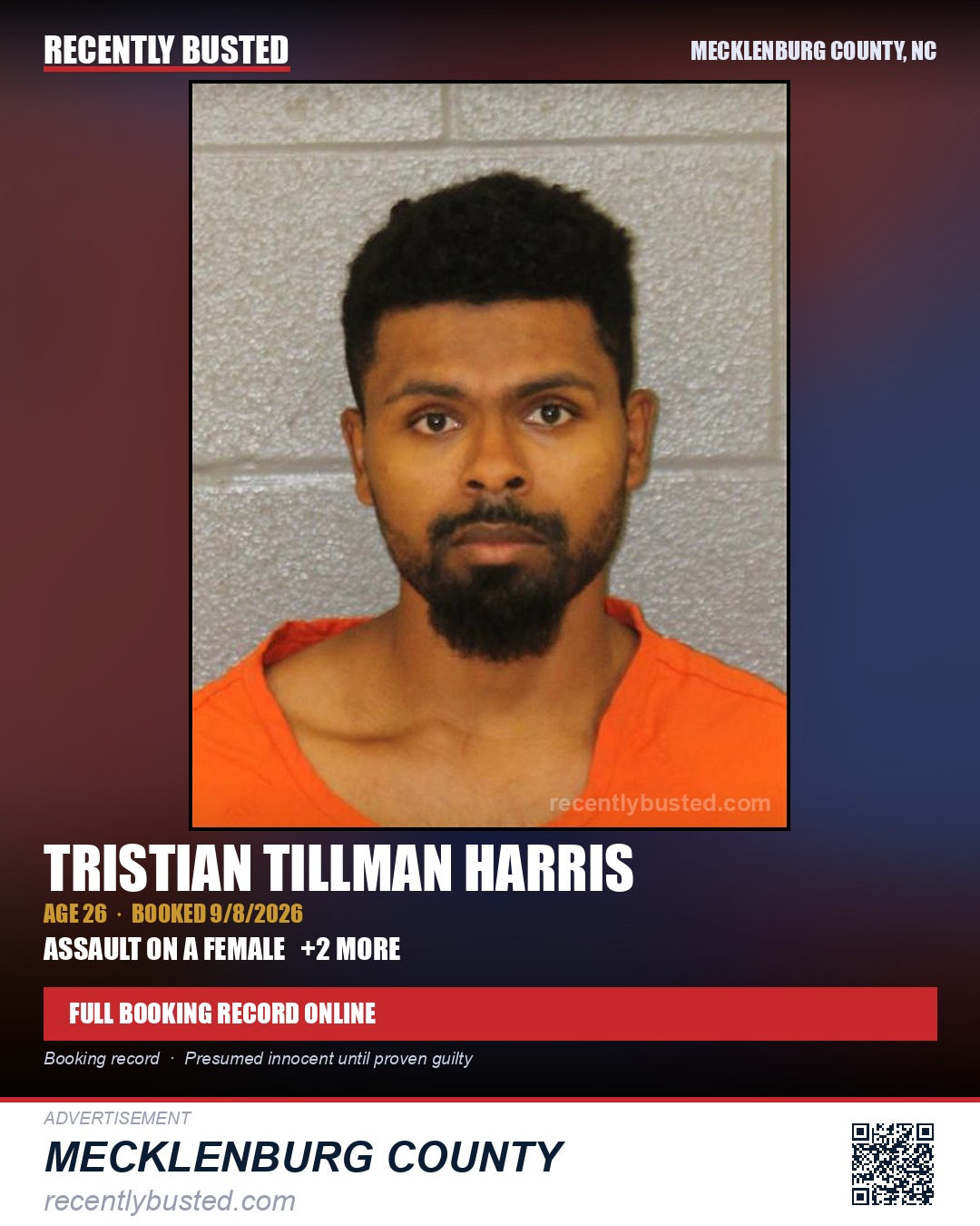 TRISTIAN TILLMAN HARRIS — arrest record card, Mecklenburg County, North Carolina