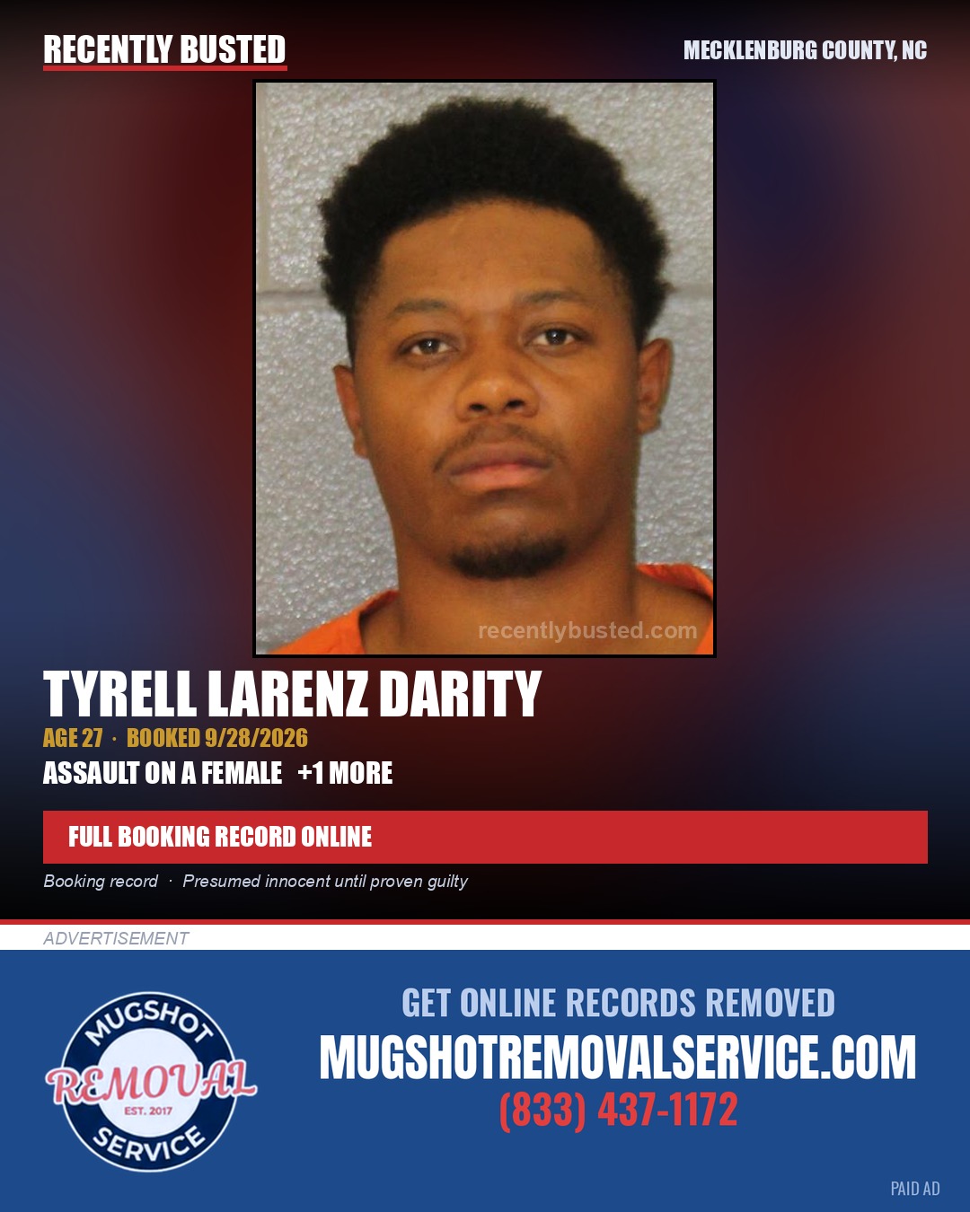 TYRELL LARENZ DARITY — arrest record card, Mecklenburg County, North Carolina