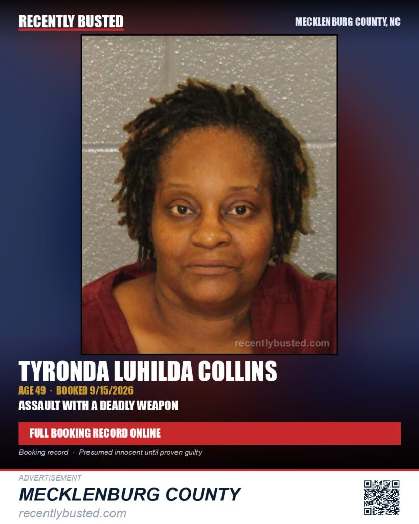 TYRONDA LUHILDA COLLINS — arrest record card, Mecklenburg County, North Carolina