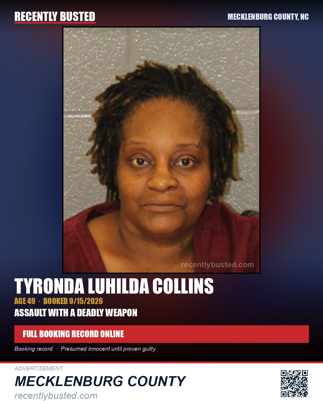 TYRONDA LUHILDA COLLINS — arrest record card, Mecklenburg County, North Carolina