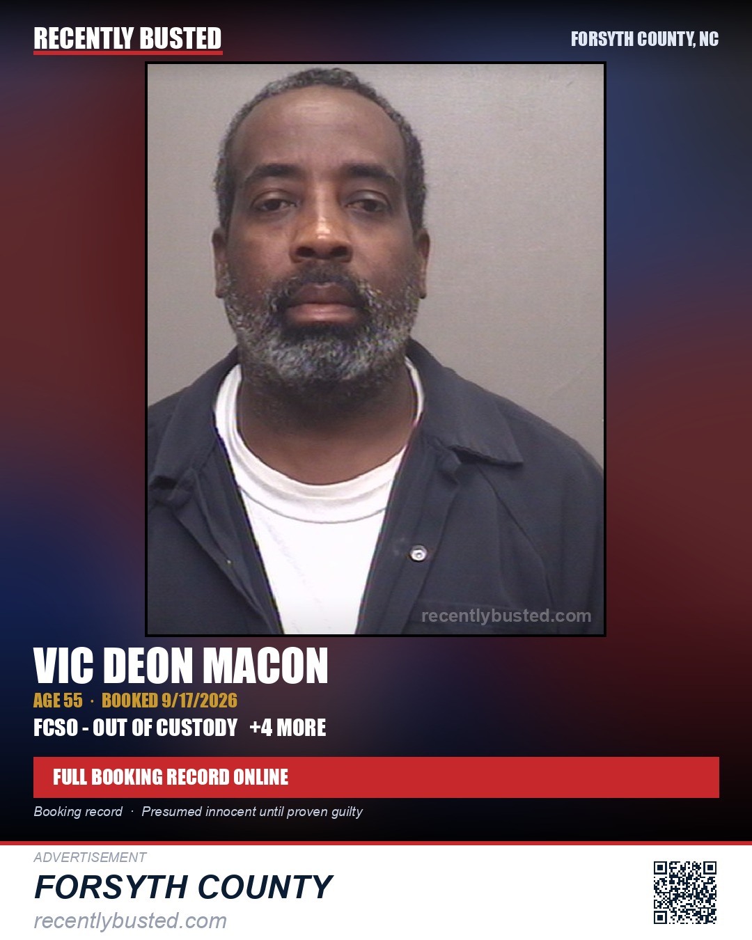 VIC DEON MACON — arrest record card, Forsyth County, North Carolina