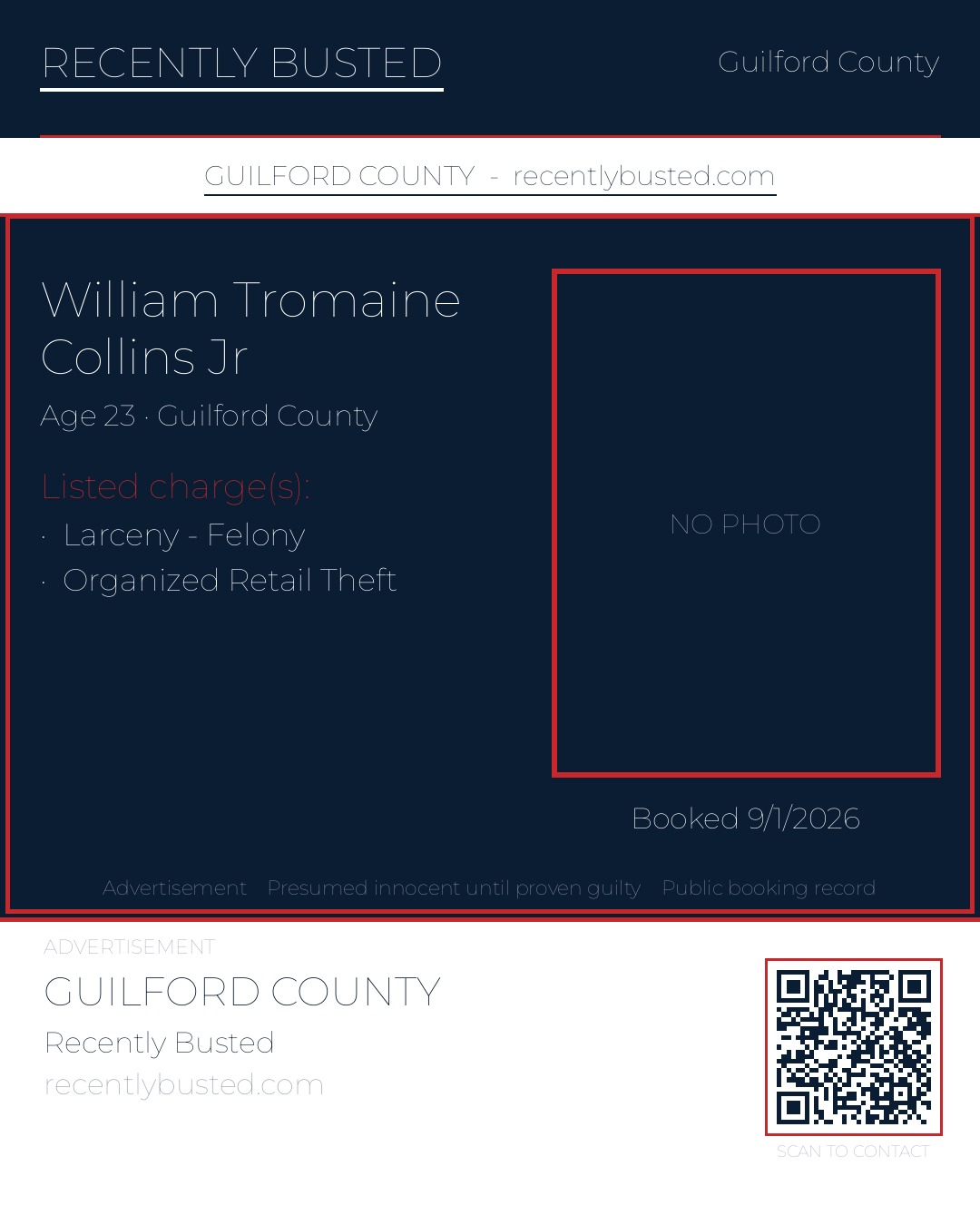 WILLIAM TROMAINE COLLINS JR — arrest record card, Guilford County, North Carolina