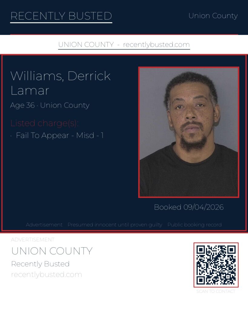 WILLIAMS, DERRICK LAMAR — arrest record card, Union County, North Carolina