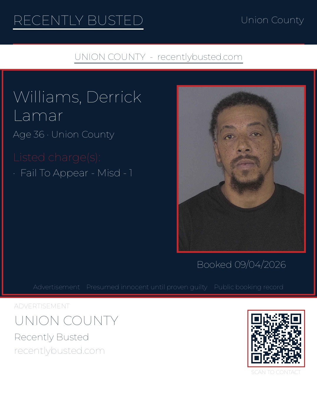 WILLIAMS, DERRICK LAMAR — arrest record card, Union County, North Carolina