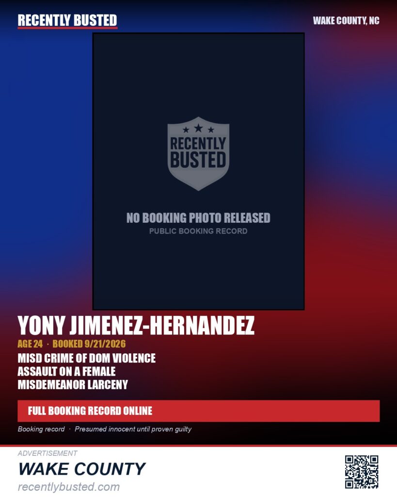 YONY JIMENEZ-HERNANDEZ — arrest record card, Wake County, North Carolina