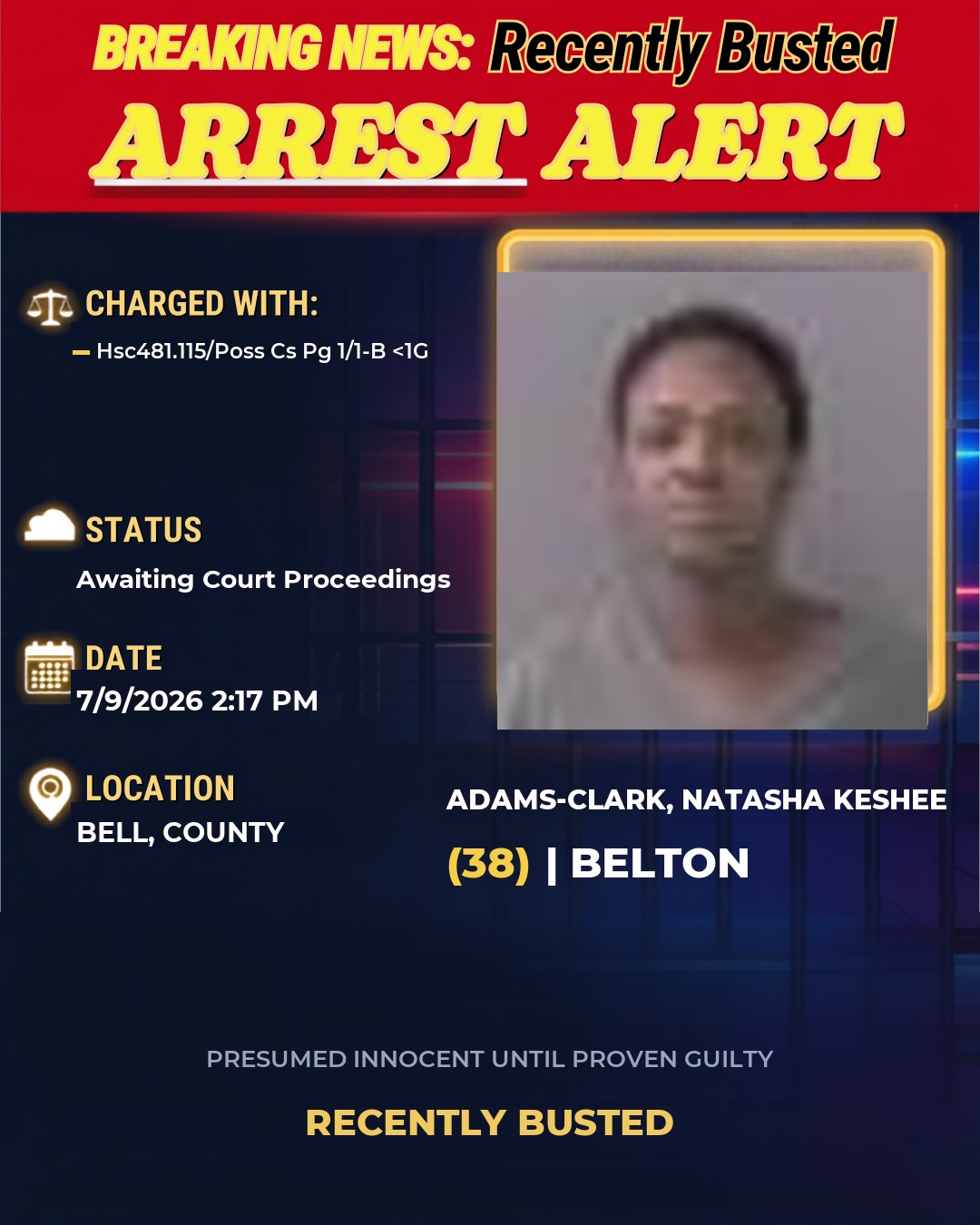 ADAMS-CLARK, NATASHA KESHEE — arrest record card, Bell County