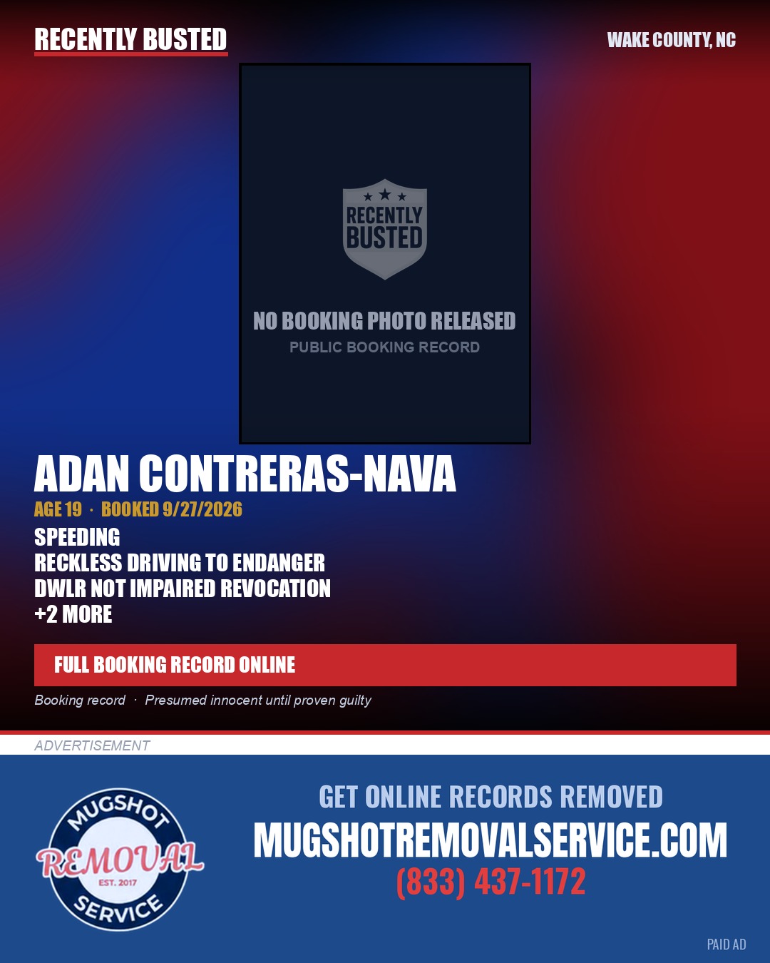 ADAN CONTRERAS-NAVA — arrest record card, Wake County, North Carolina