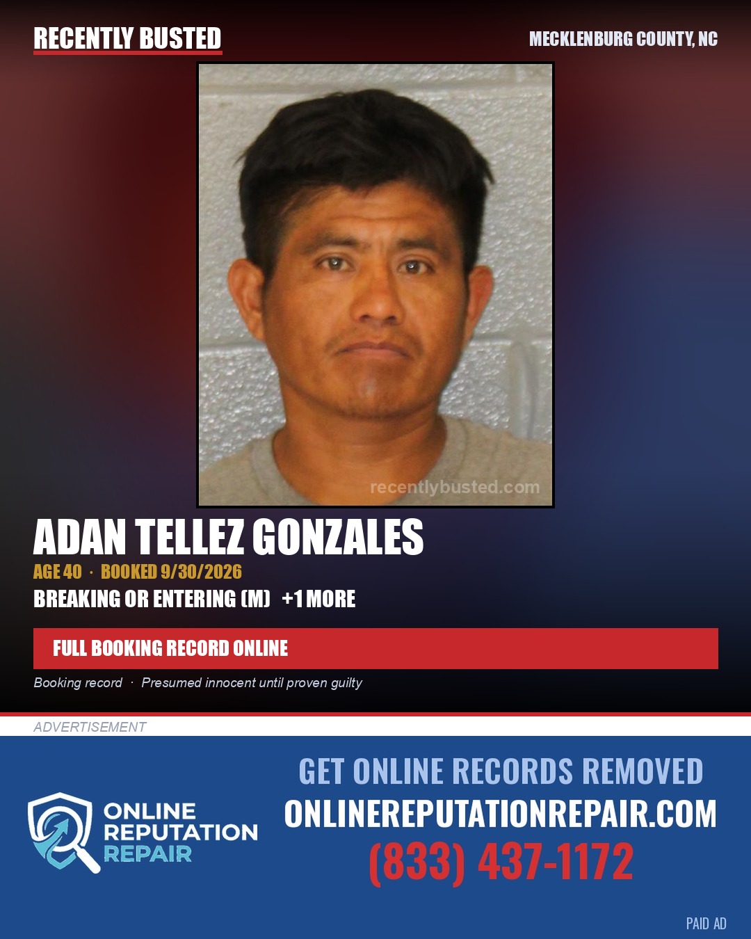 ADAN TELLEZ GONZALES — arrest record card, Mecklenburg County, North Carolina