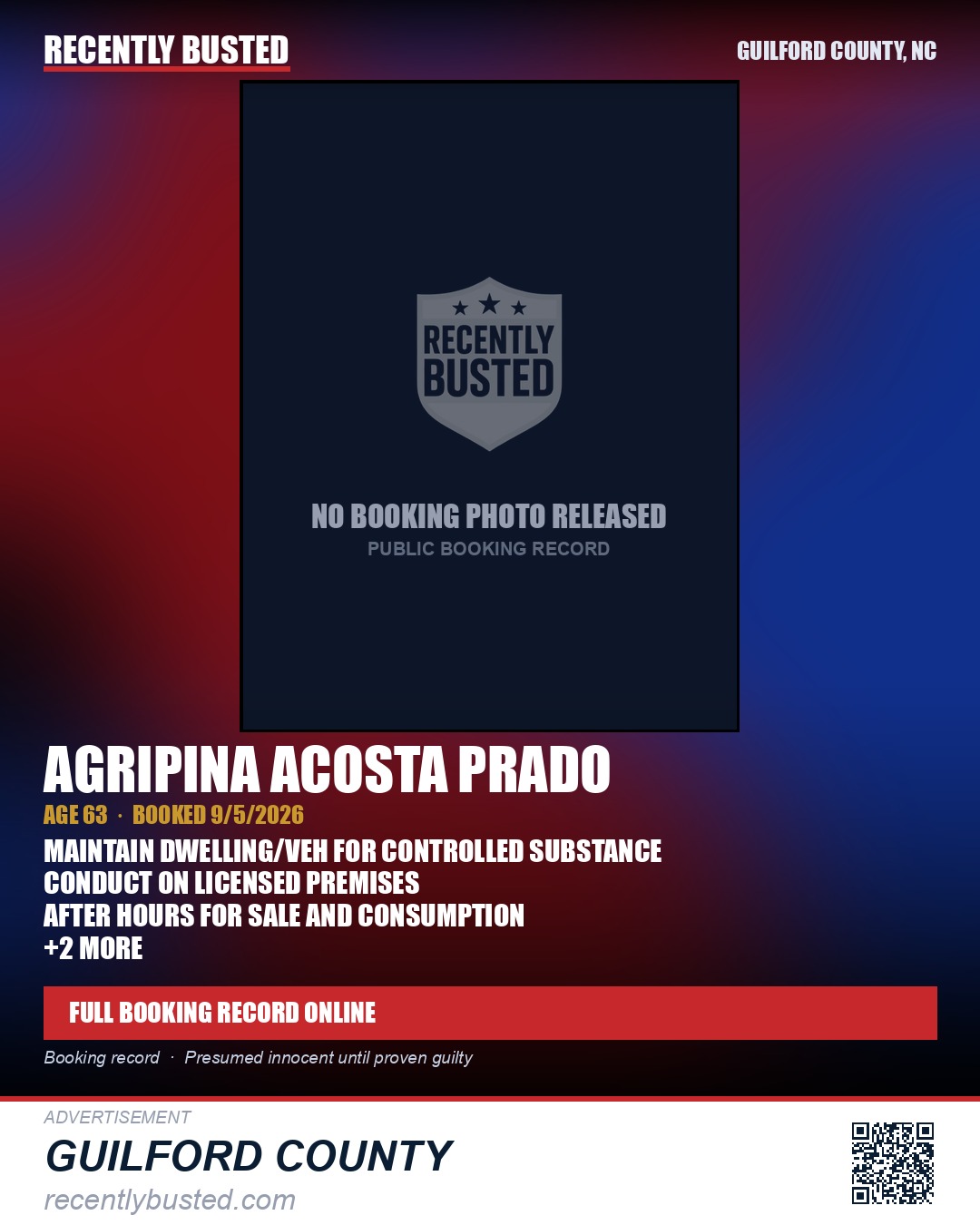 AGRIPINA ACOSTA PRADO — arrest record card, Guilford County, North Carolina