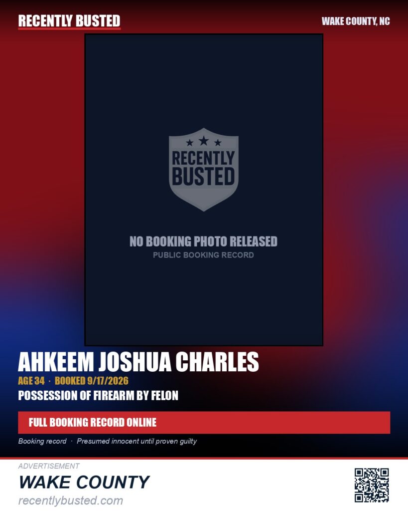 AHKEEM JOSHUA CHARLES — arrest record card, Wake County, North Carolina