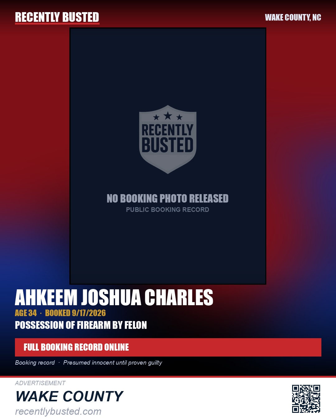 AHKEEM JOSHUA CHARLES — arrest record card, Wake County, North Carolina