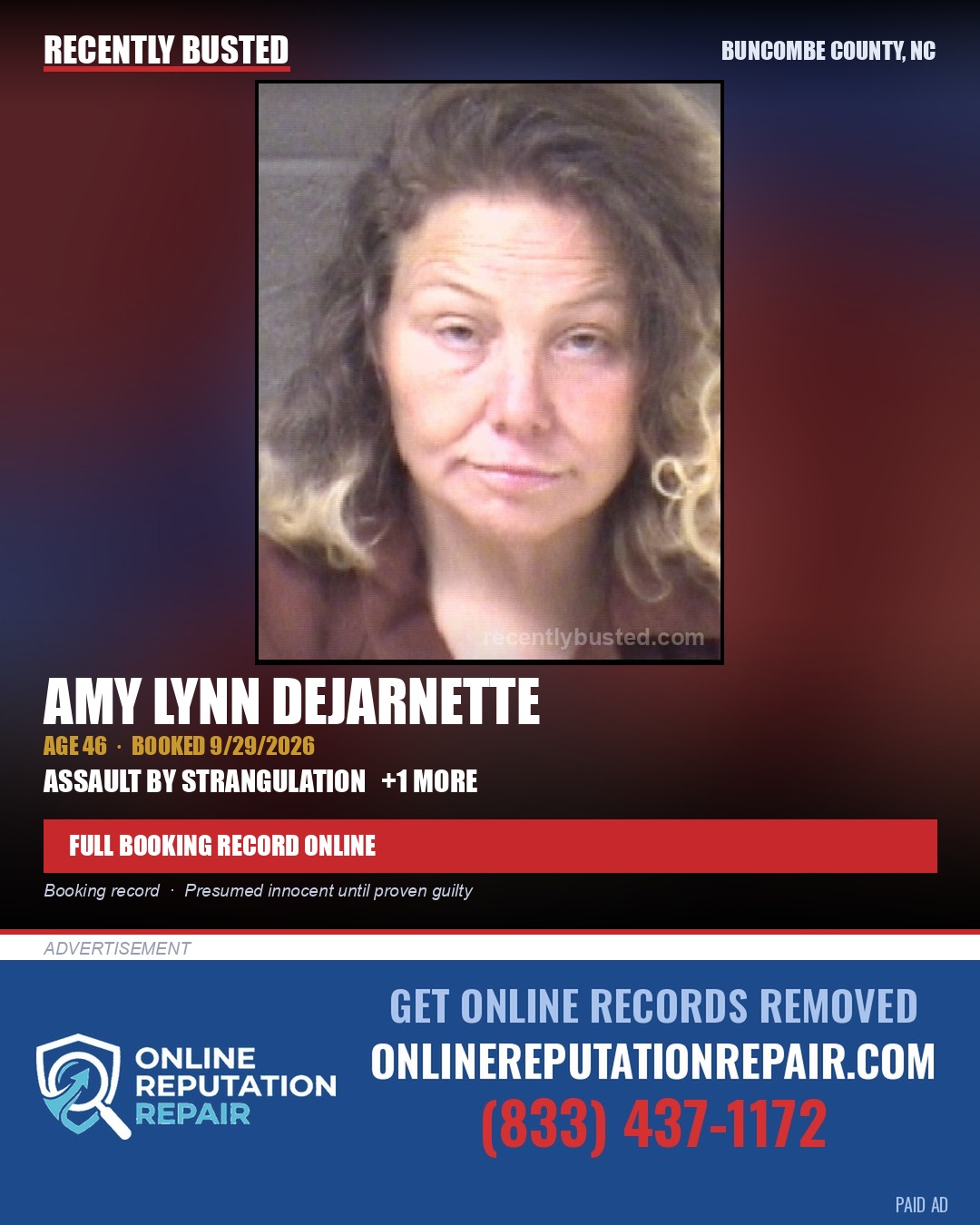 AMY LYNN DEJARNETTE — arrest record card, Buncombe County, North Carolina
