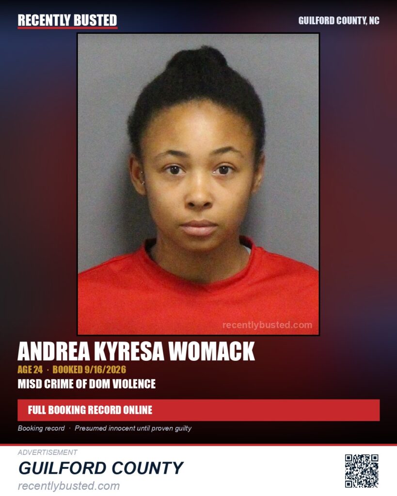 ANDREA KYRESA WOMACK — arrest record card, Guilford County, North Carolina