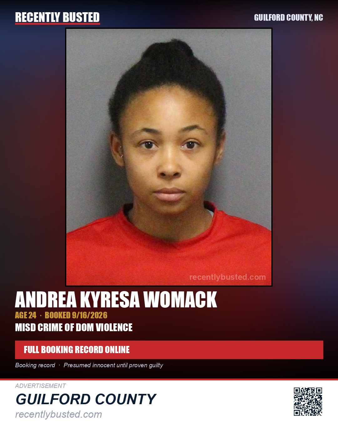 ANDREA KYRESA WOMACK — arrest record card, Guilford County, North Carolina