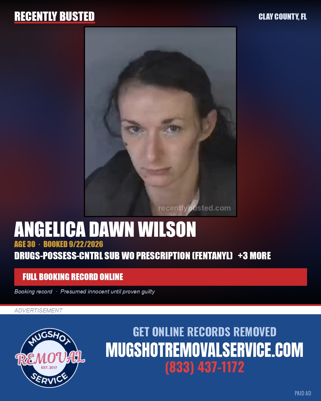 ANGELICA DAWN WILSON — arrest record card, Clay County, Florida