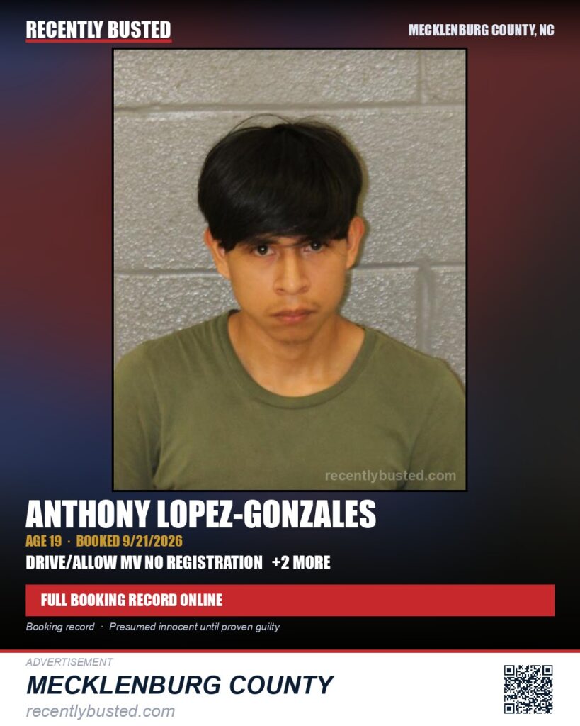 ANTHONY LOPEZ-GONZALES — arrest record card, Mecklenburg County, North Carolina