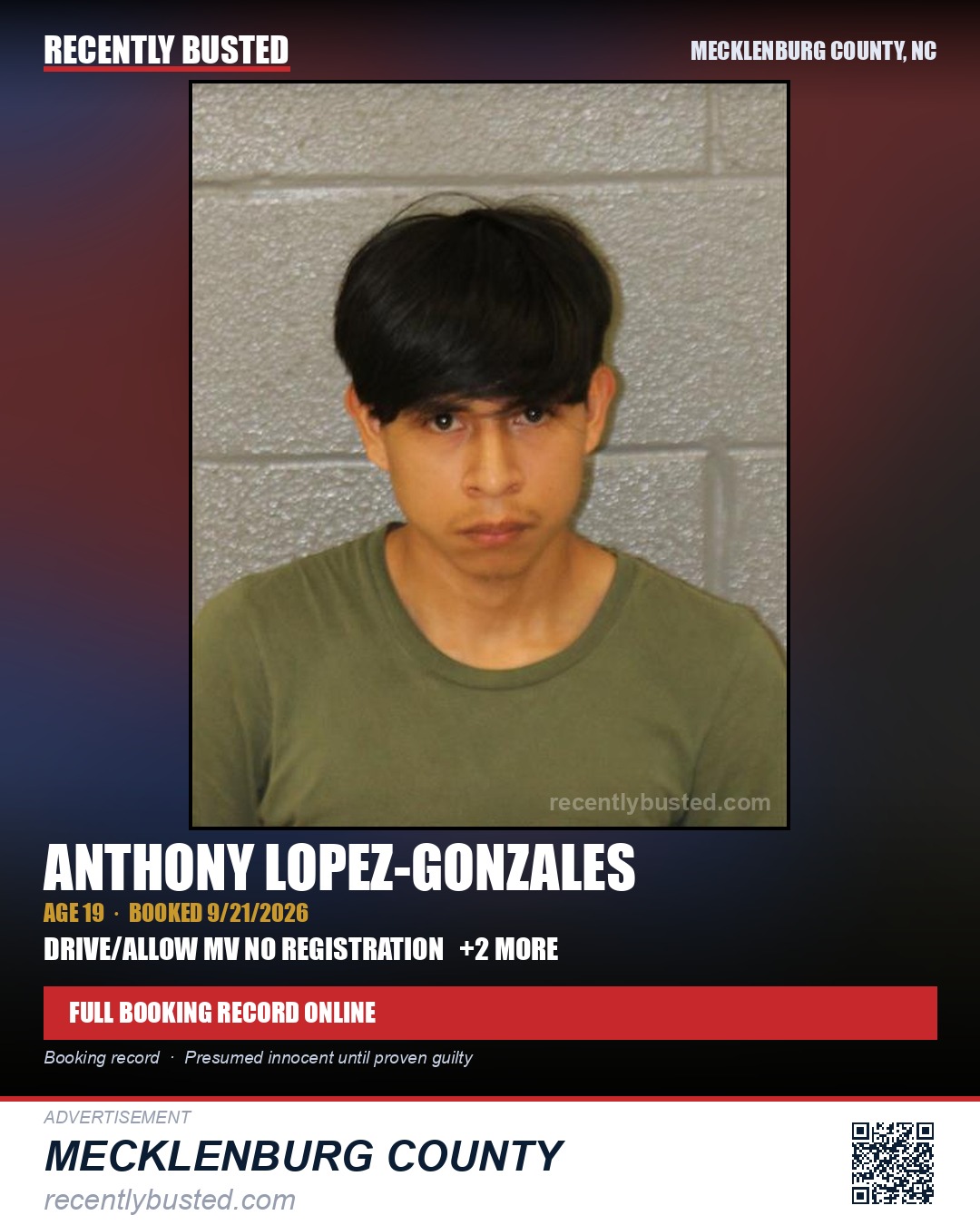 ANTHONY LOPEZ-GONZALES — arrest record card, Mecklenburg County, North Carolina