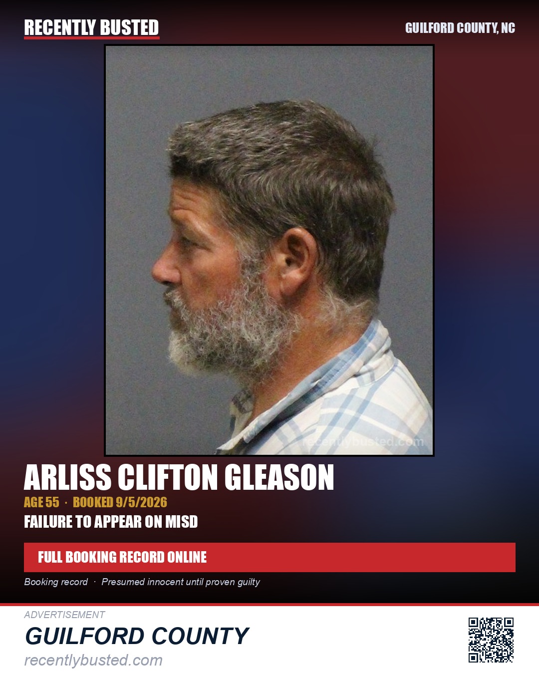 ARLISS CLIFTON GLEASON — arrest record card, Guilford County, North Carolina