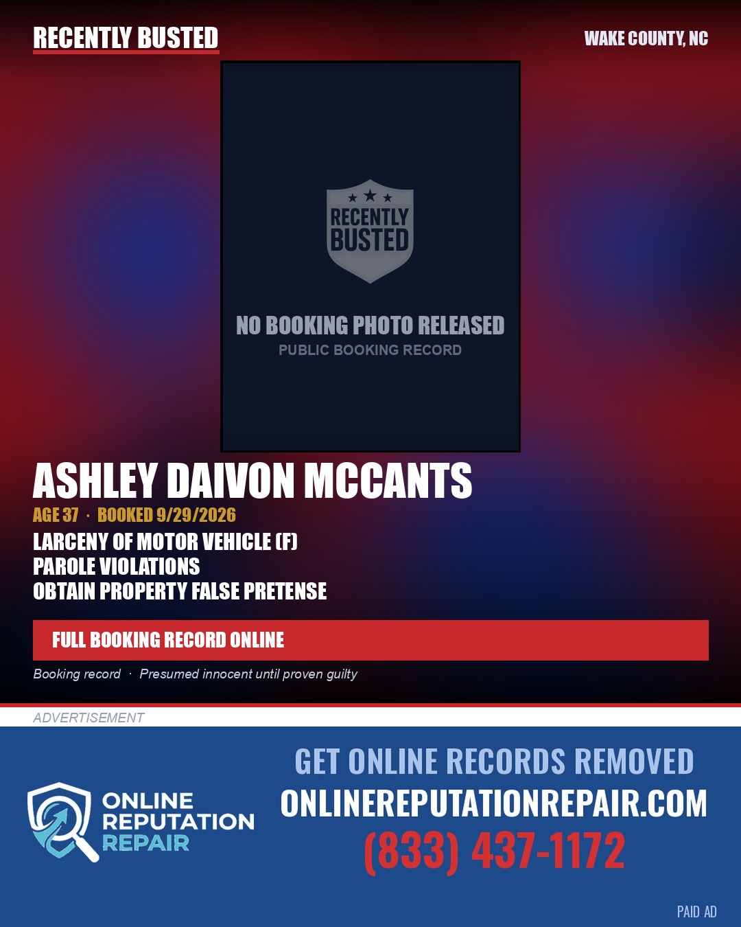 ASHLEY DAIVON MCCANTS — arrest record card, Wake County, North Carolina