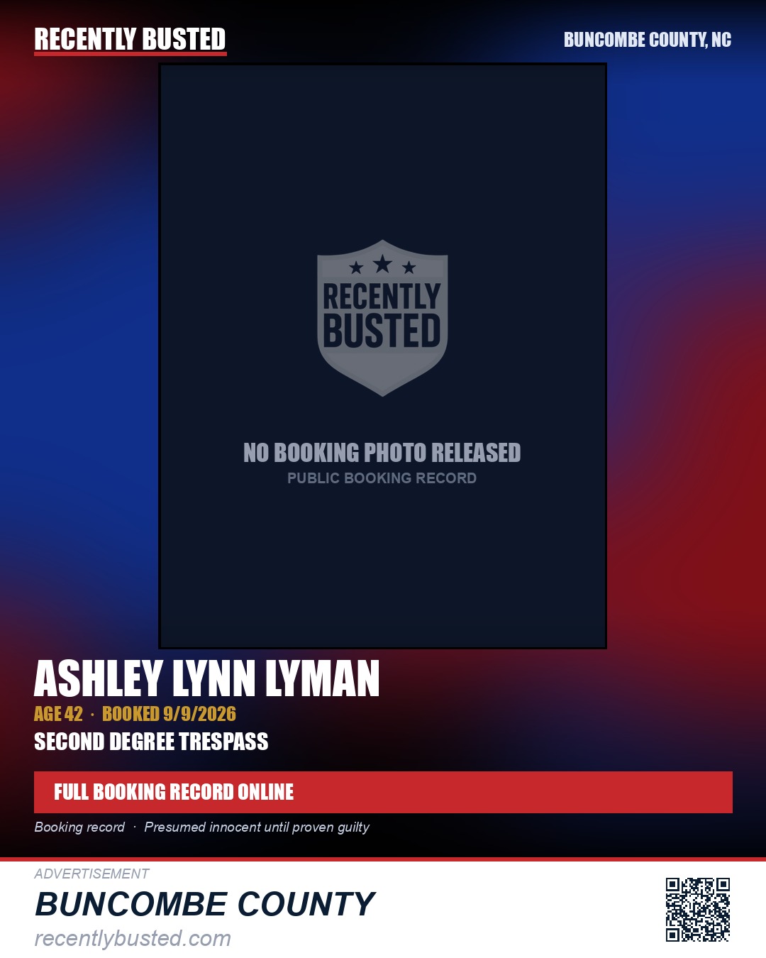 ASHLEY LYNN LYMAN — arrest record card, Buncombe County, North Carolina