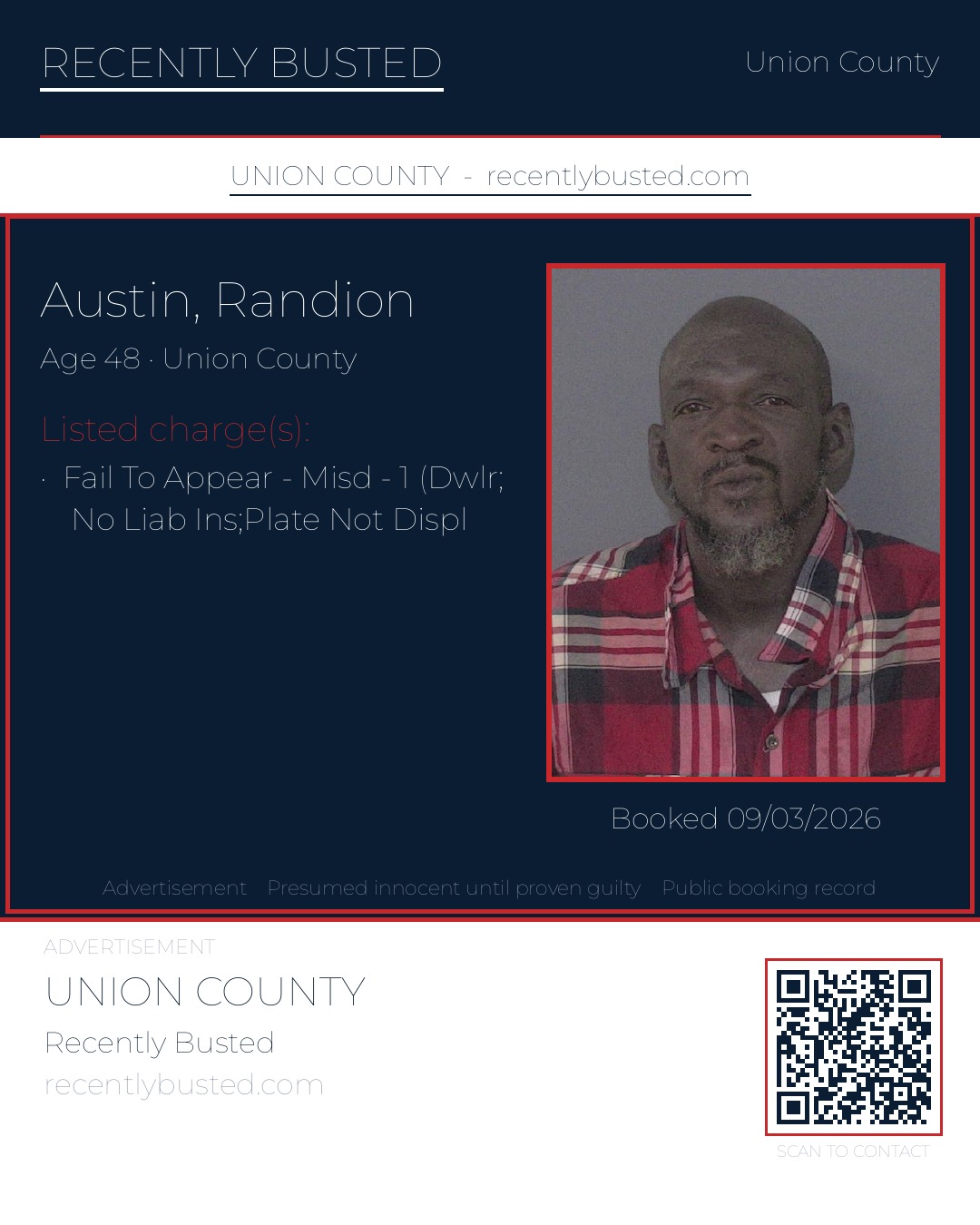 AUSTIN, RANDION — arrest record card, Union County, North Carolina