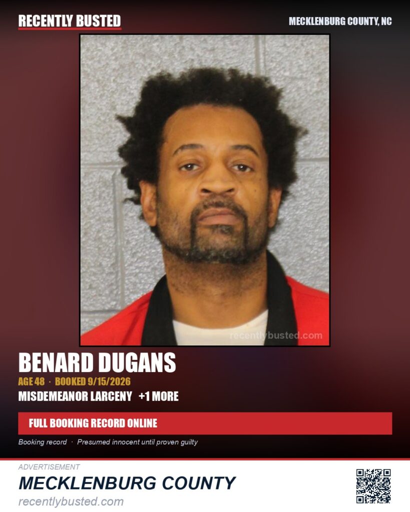 BENARD DUGANS — arrest record card, Mecklenburg County, North Carolina