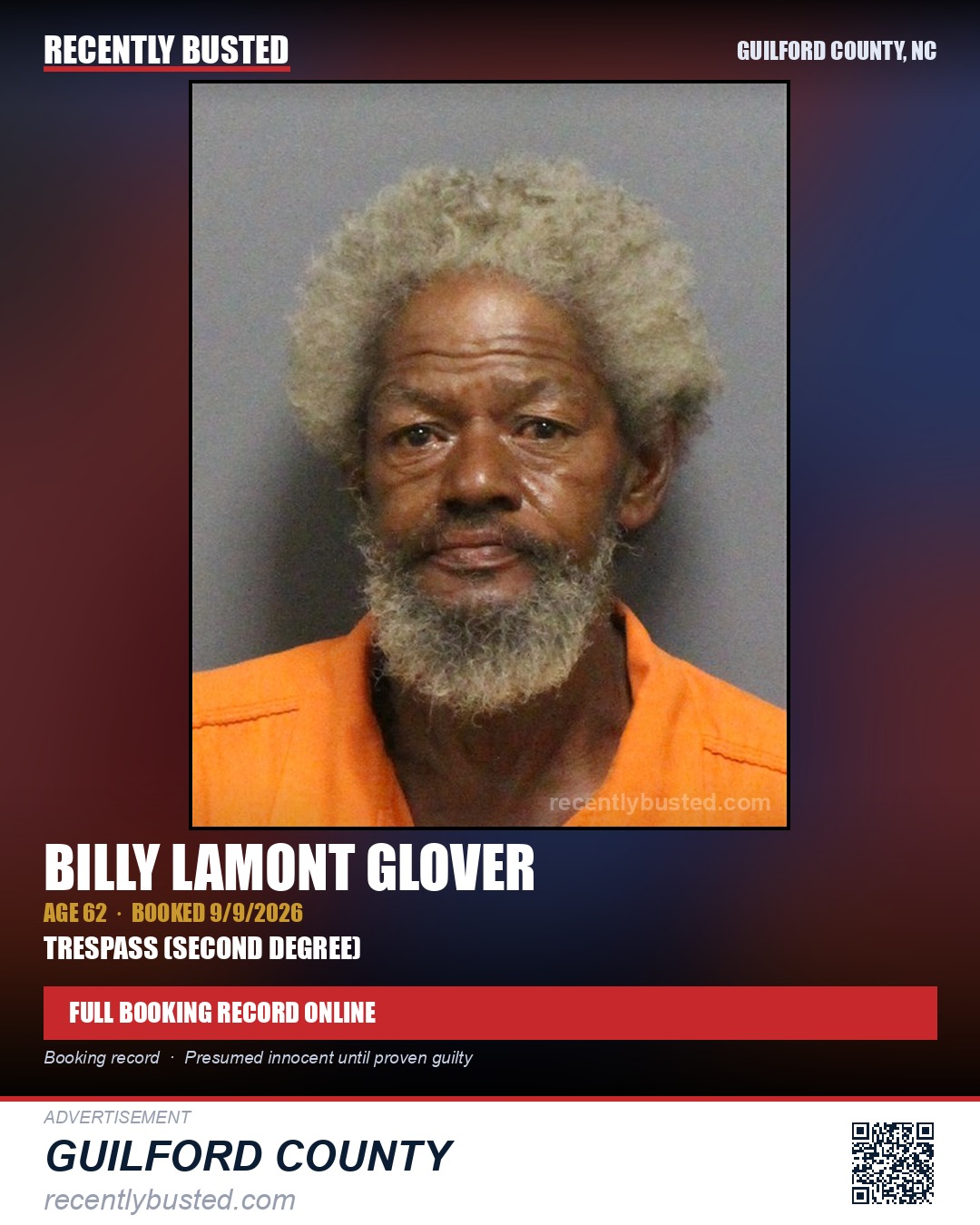 BILLY LAMONT GLOVER — arrest record card, Guilford County, North Carolina