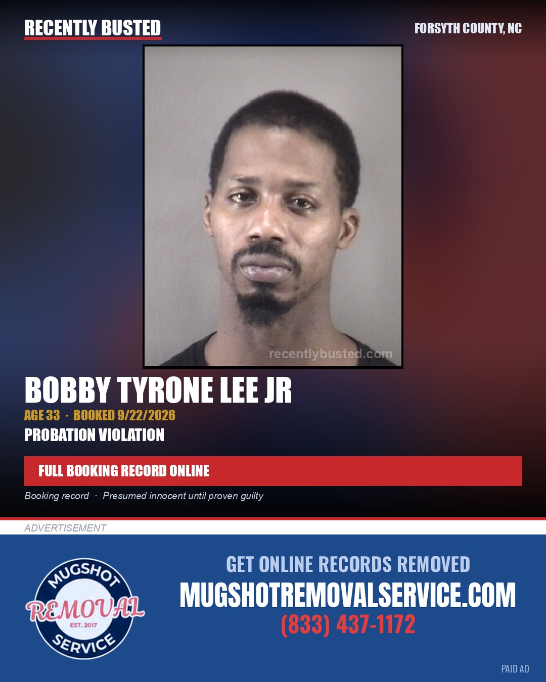 BOBBY TYRONE LEE JR — arrest record card, Forsyth County, North Carolina