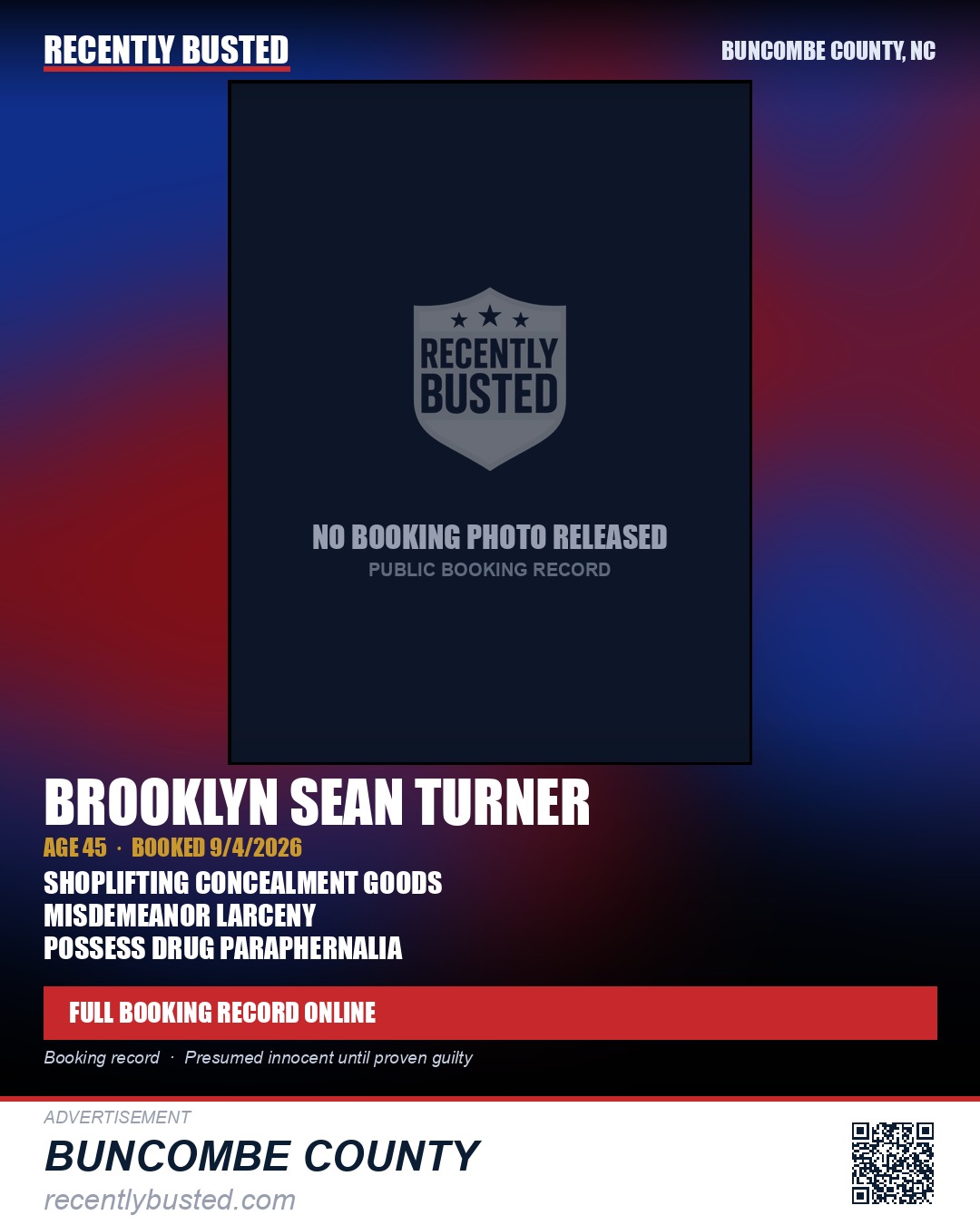 BROOKLYN SEAN TURNER — arrest record card, Buncombe County, North Carolina
