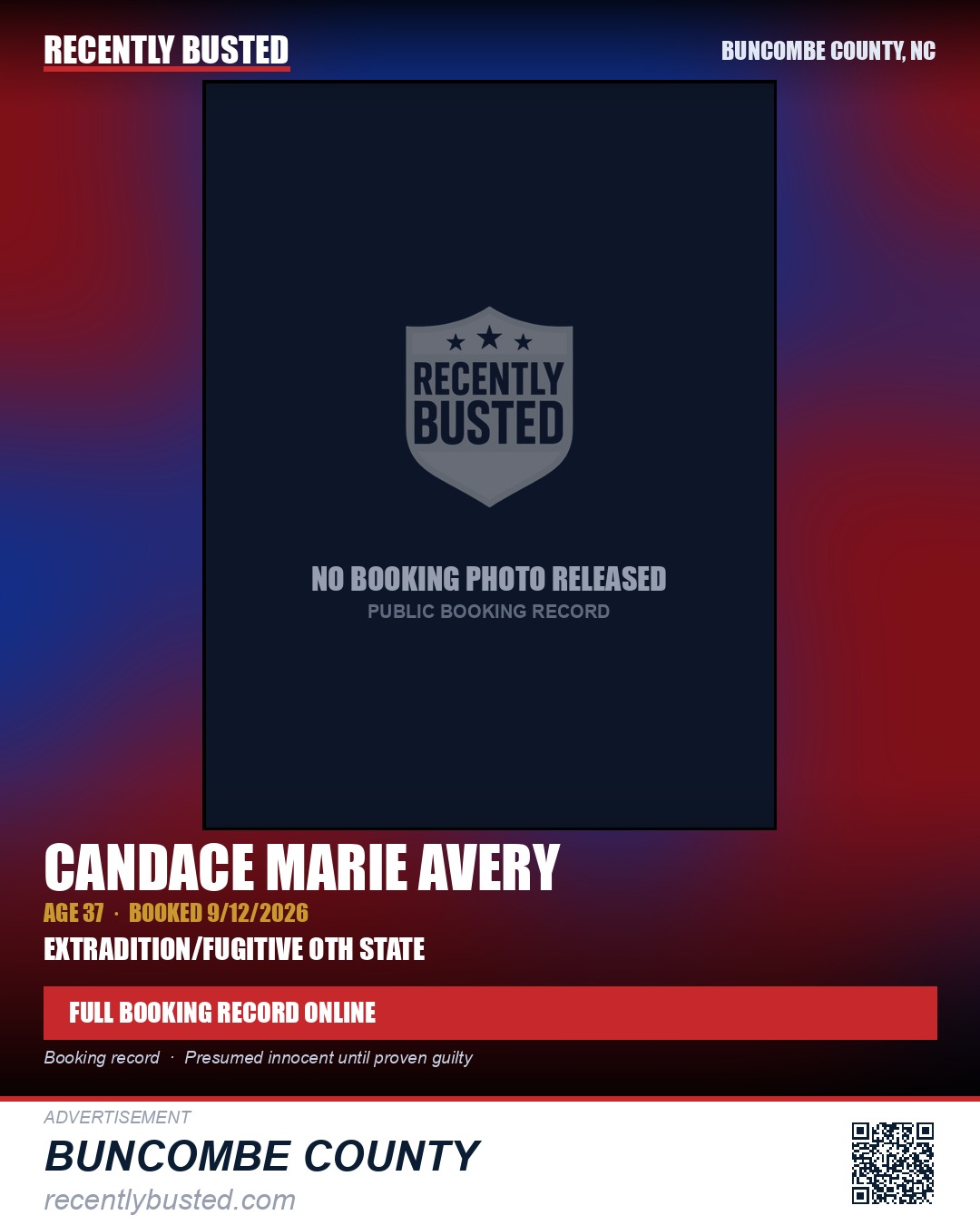 CANDACE MARIE AVERY — arrest record card, Buncombe County, North Carolina